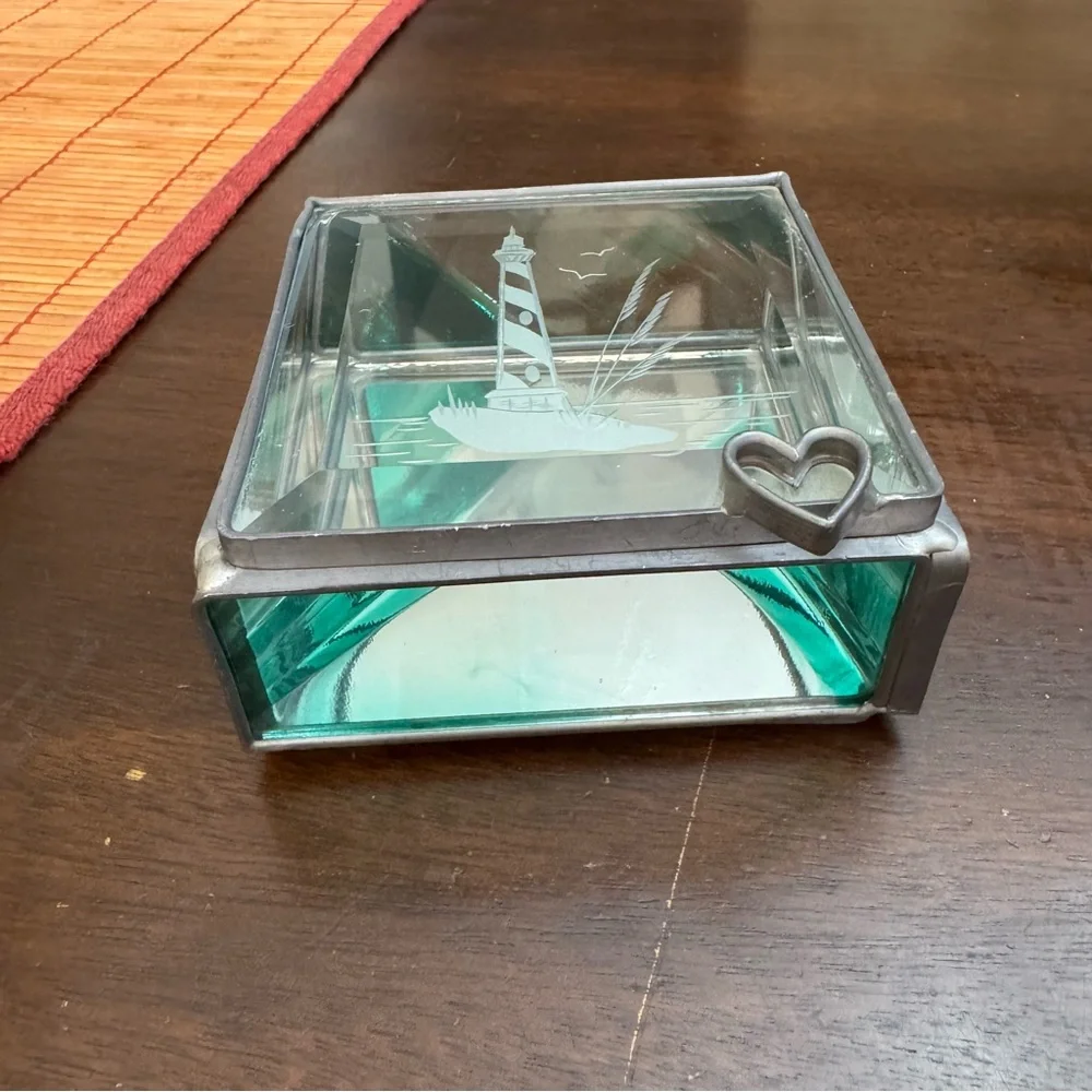 Vintage Light House Leaded Jewelry Trinket Box Etched Stained Glass with Mirror